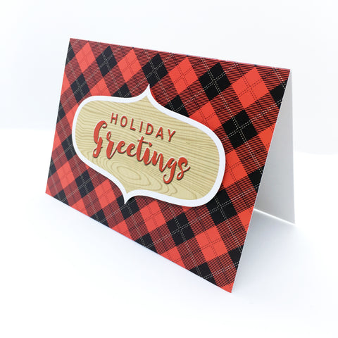 "Holiday Greetings" Red Tartan Check Plaid Greeting Card